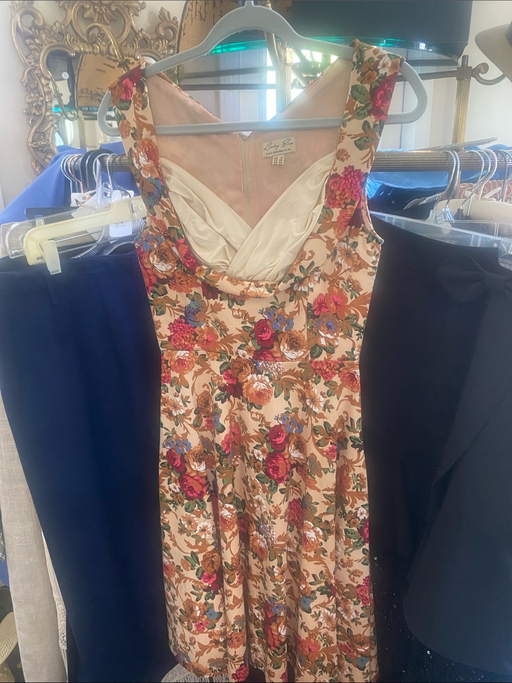 Lindy Bop Peach Sleeveless Dress with Multicolor Floral Print